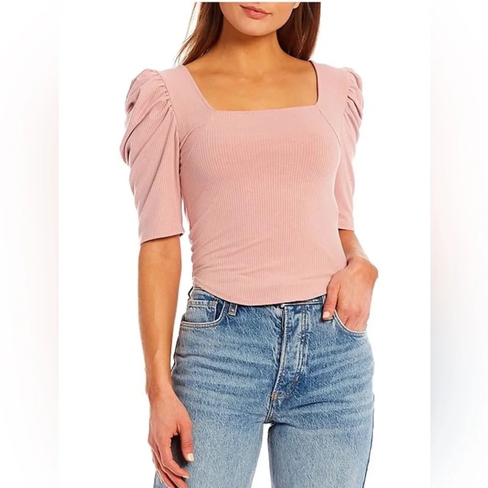 FREE PEOPLE Night Lily Ribbed Puff Sleeve Top - Pale Mauve - Size Small - NWT